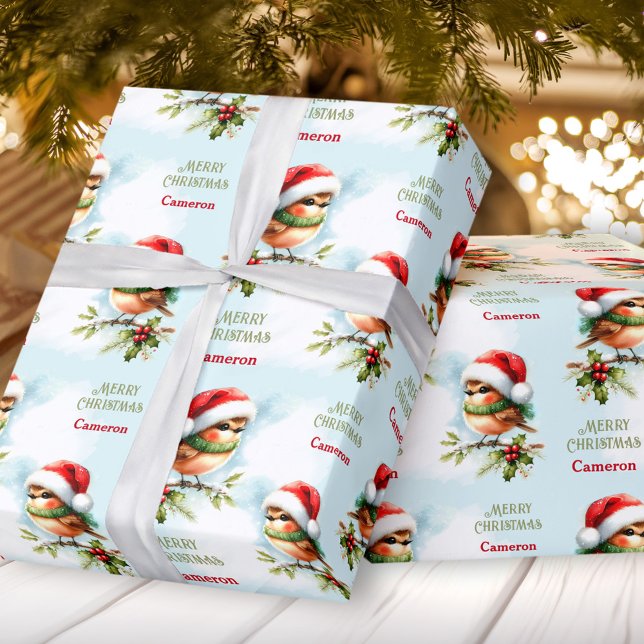 Niedlicher Robin in Weihnachtsmannmütze Weihnachts Geschenkpapier (Cute Robin in Santa Hat Christmas Kids Name Text Wrapping Paper)