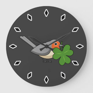 Niedlicher Robin mit Kleeblatt Clover Cartoon Große Wanduhr