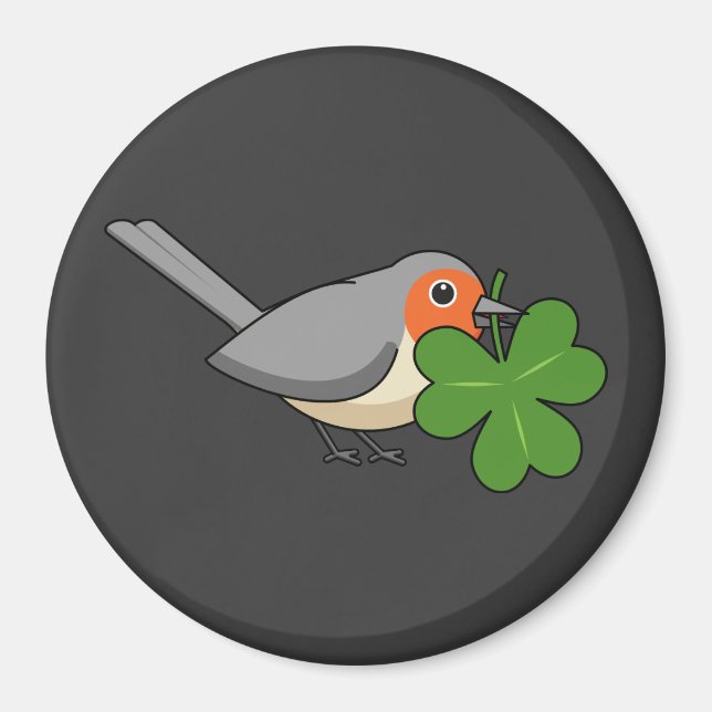 Niedlicher Robin mit Kleeblatt Clover Cartoon Magnet (Vorne)