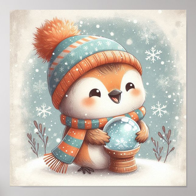 Niedlicher Robin mit Snowglobe Kinder im Zimmer Ku Poster (Vorne)