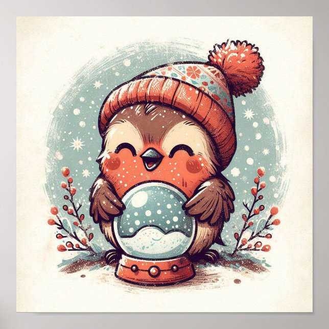 Niedlicher Robin mit Snowglobe Kinder im Zimmer Ku Poster (Vorne)