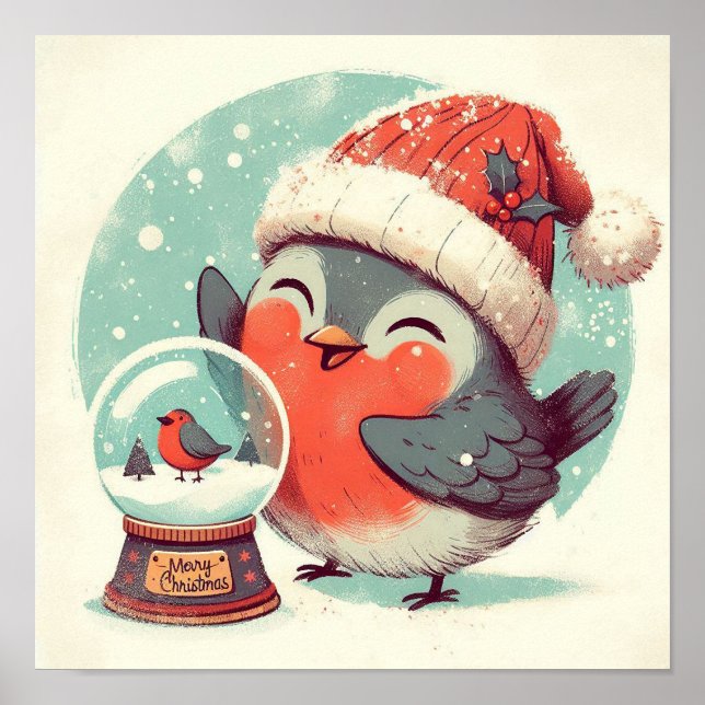 Niedlicher Robin mit Snowglobe Kinder im Zimmer Ku Poster (Vorne)