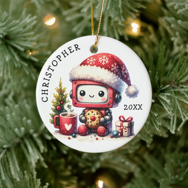 Niedlicher Robot Personalisiert Weihnachten Keramik Ornament (Baum)