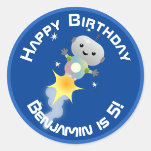 Niedlicher Roboter, der im Weltraum Cartoon fliegt Runder Aufkleber