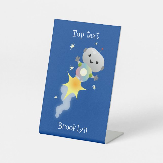 Niedlicher Roboter, der im Weltraum Cartoon fliegt Sockelschild (Vorderseite)