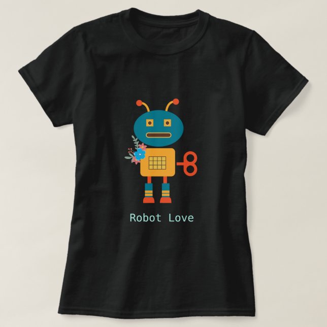 Niedlicher Roboter mit Blume-Design T-Shirt (Design vorne)