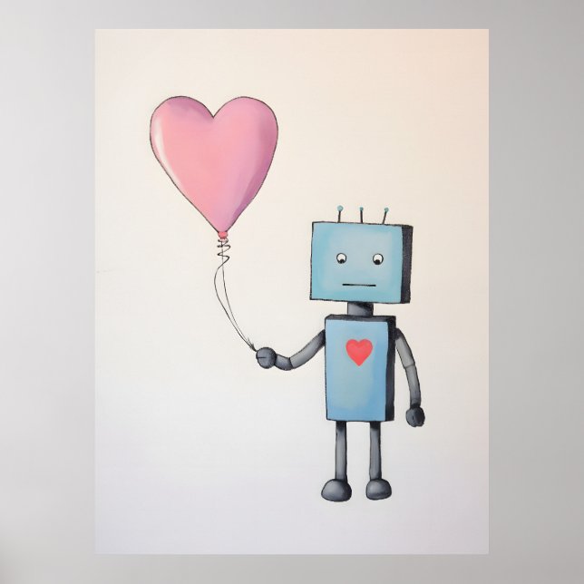 Niedlicher Roboter mit Herzballon-Poster Poster (Vorne)