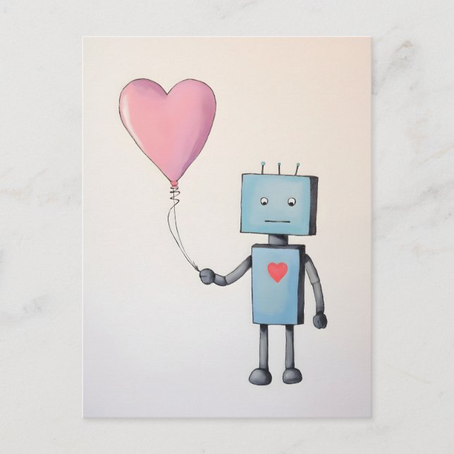 Niedlicher Roboter mit Herzballon-Poster Postkarte (Vorderseite)