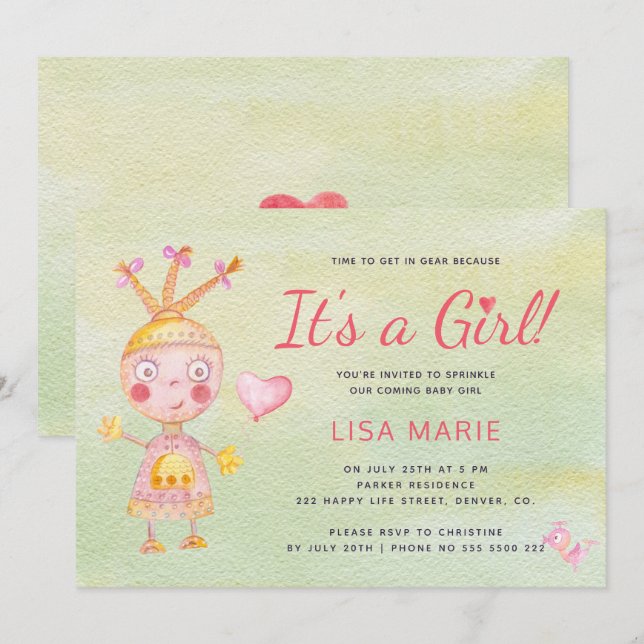 Niedlicher rosa Aquarellroboter, Mädchendusche Einladung (Vorne/Hinten)