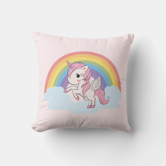 Niedlicher rosa Baby-Unicorn und Regenbogen Kissen (Vorderseite)