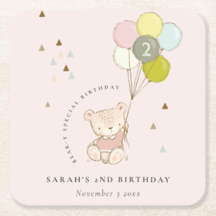 Niedlicher Rosa Blush Bärenballon jedes Alter Gebu Rechteckiger Pappuntersetzer