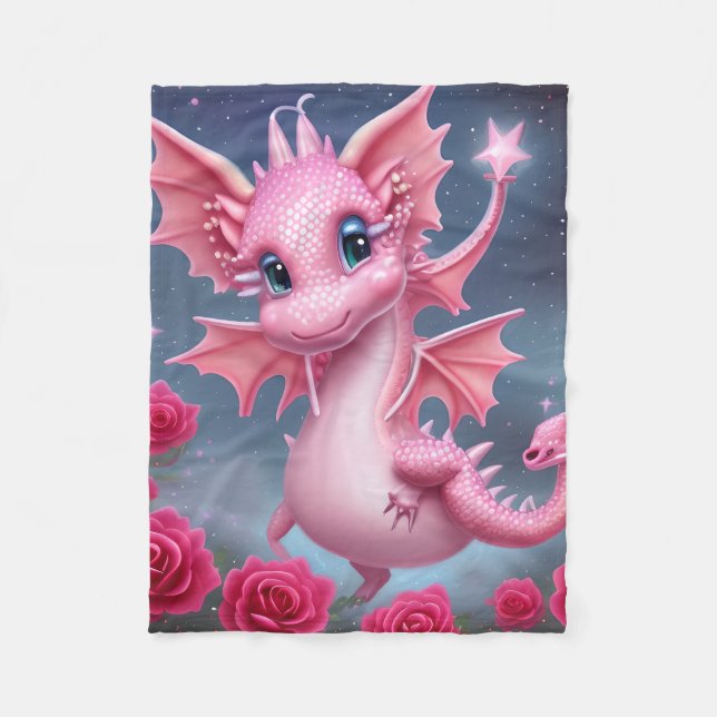 Niedlicher rosa Drache mit rosa Blume Fleecedecke (Vorderseite)