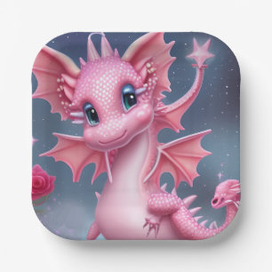 Niedlicher rosa Drache mit rosa Blume Pappteller