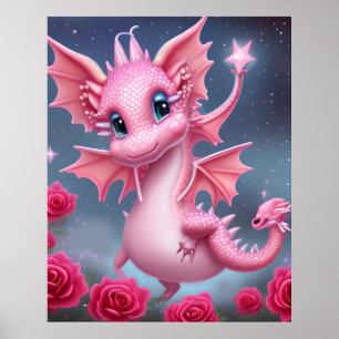Niedlicher rosa Drache mit rosa Blume Poster