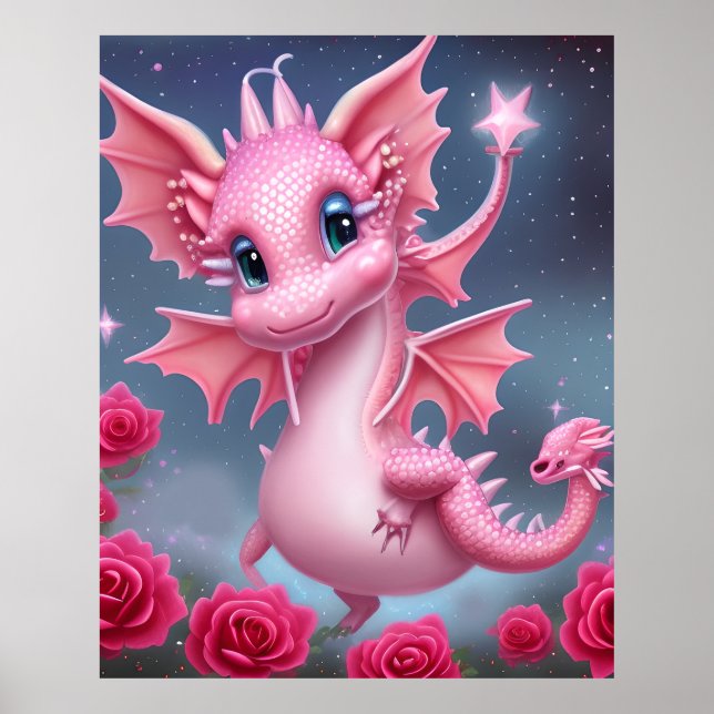 Niedlicher rosa Drache mit rosa Blume Poster (Vorne)
