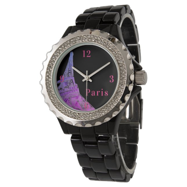 Niedlicher rosa Eiffelturm Armbanduhr (Schrägansicht)