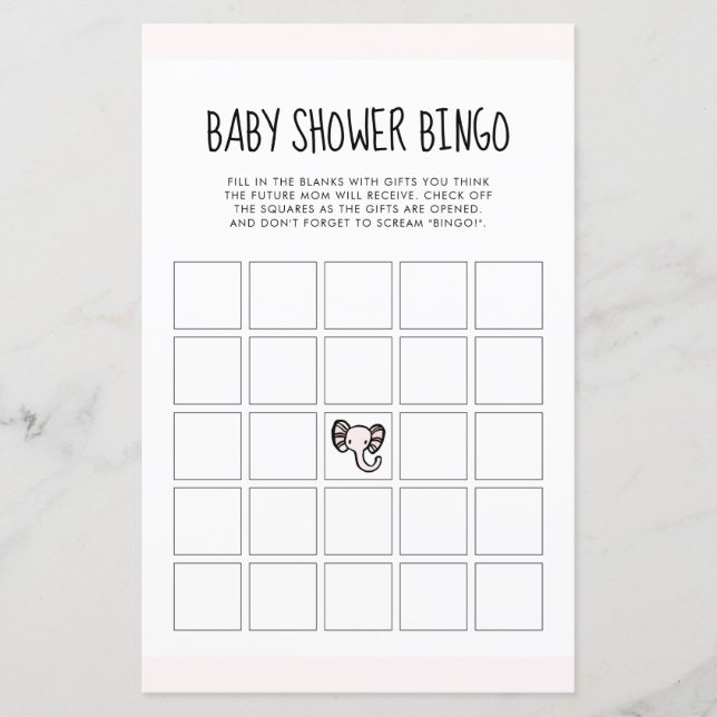 Niedlicher rosa Elefant Baby Dusche Bingo Spiel (Vorderseite)