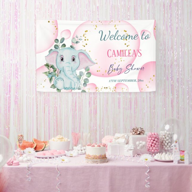 Niedlicher rosa Elefant mit Eukalyptus Willkommen Banner (Party)
