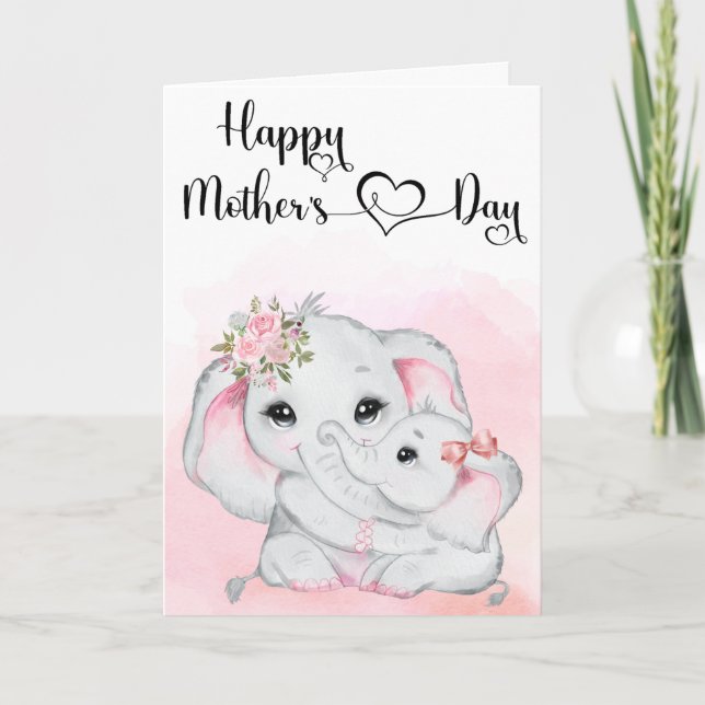 Niedlicher rosa Elefant und Baby Mother Day Karte (Vorderseite)