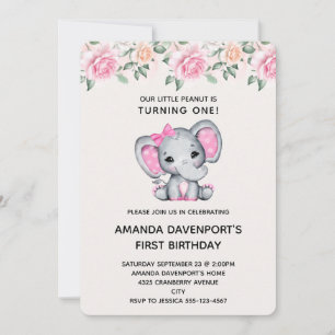 Niedlicher rosa Elefant und Rose Border Birthday I Einladung