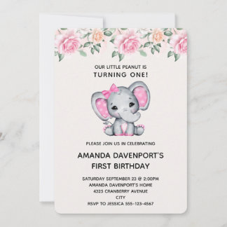 Niedlicher rosa Elefant und Rose Border Birthday I Einladung