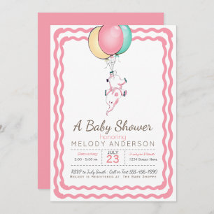 Niedlicher rosa Elephant und Balloons Babydusche Einladung