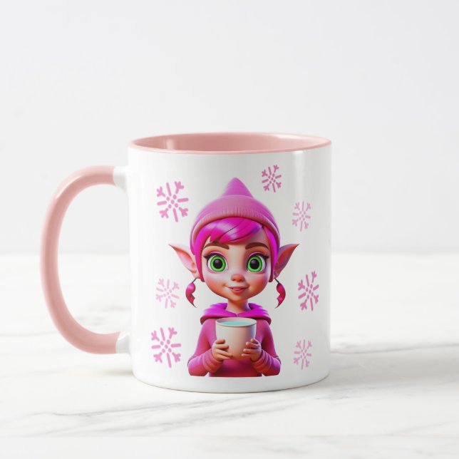 Niedlicher Rosa Elf mit Kaffee oder Kakaowein Tasse (Links)