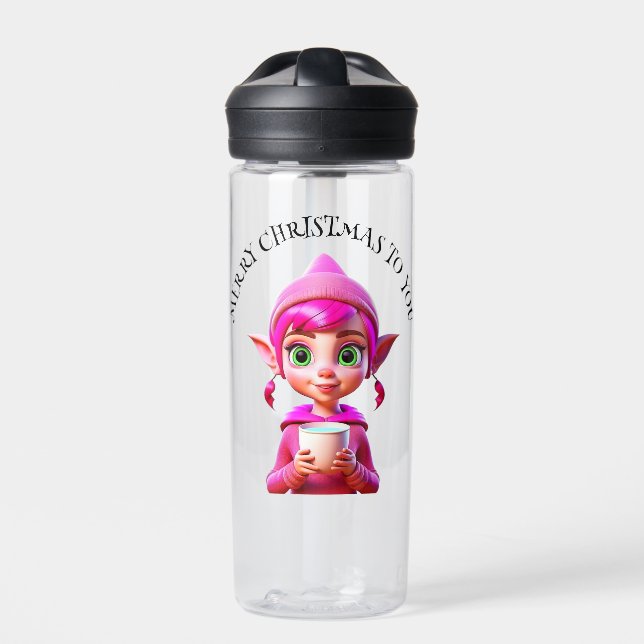 Niedlicher Rosa Elf mit Kaffee oder Kakaowein Trinkflasche (Vorderseite)