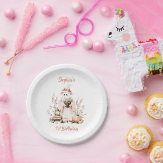 Niedlicher rosa Geist mit Rose und KürbisHalloween Pappteller