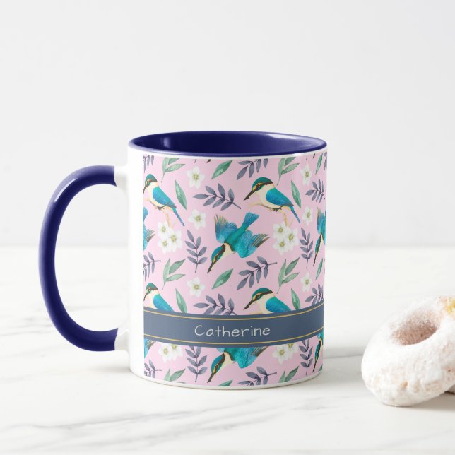 Niedlicher Rosa Kingfisher-Blumenmuster Name Tasse (Mit Donut)