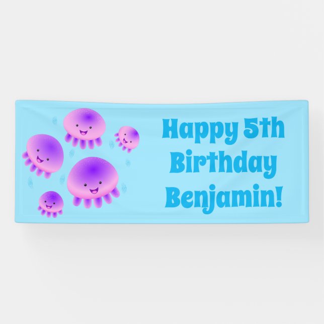 Niedlicher Rosa lila Quallenfisch Kawaii Cartoon Banner (Horizontal)