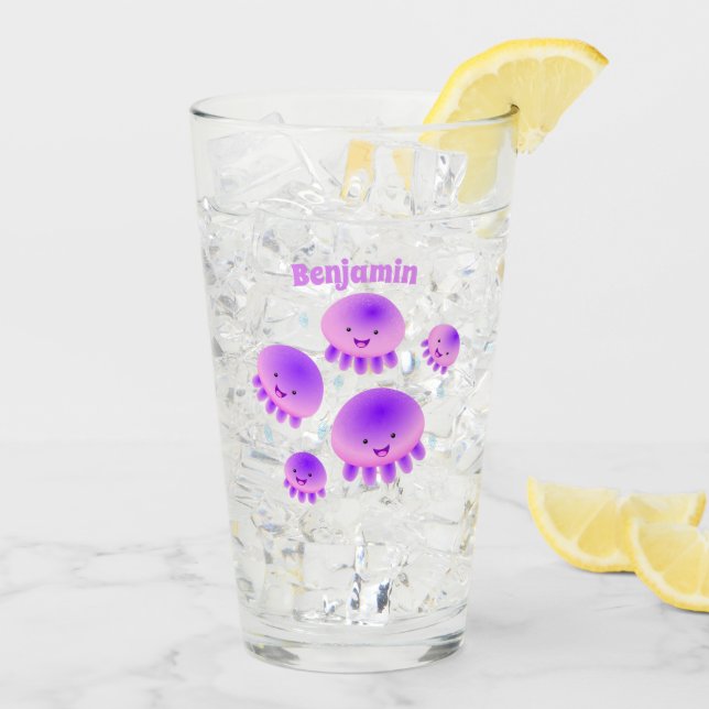 Niedlicher Rosa lila Quallenfisch Kawaii Cartoon Glas (Rückseite Ice)