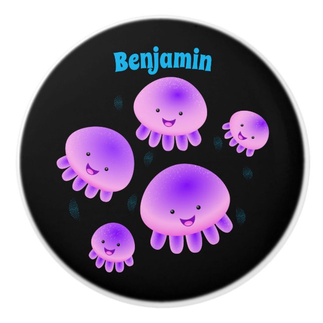 Niedlicher Rosa lila Quallenfisch Kawaii Cartoon Keramikknauf (Vorderseite)