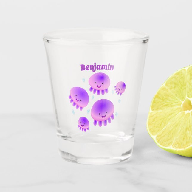Niedlicher Rosa lila Quallenfisch Kawaii Cartoon Schnapsglas (Vorderseite)