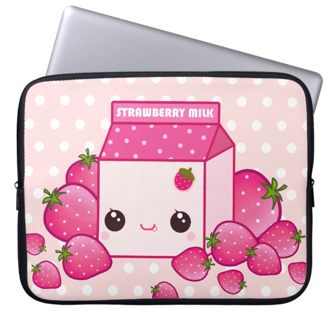 Niedlicher rosa Milchkarton mit kawaii Erdbeeren Laptopschutzhülle (Vorderseite)