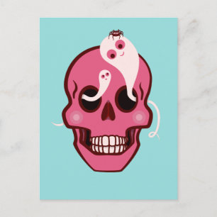 Niedlicher rosa Schädel mit Spinnen und Geistern i Postkarte