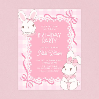 Niedlicher rosa Schleifen-Hasen-Geburtstag Einladung