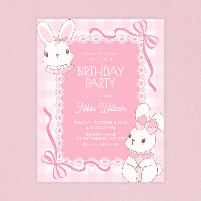 Niedlicher rosa Schleifen-Hasen-Geburtstag Einladung (Von Creator hochgeladen)