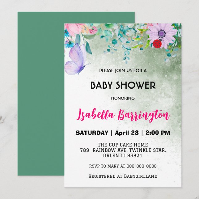 Niedlicher Rosa Schmetterling Blush Blume Babydusc Einladung (Vorne/Hinten)