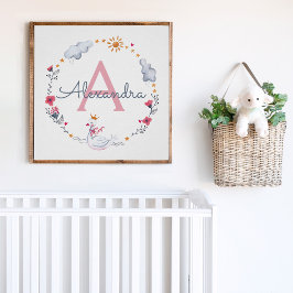Niedlicher rosa Schwan und sonnenblumiger Kranz mi Poster