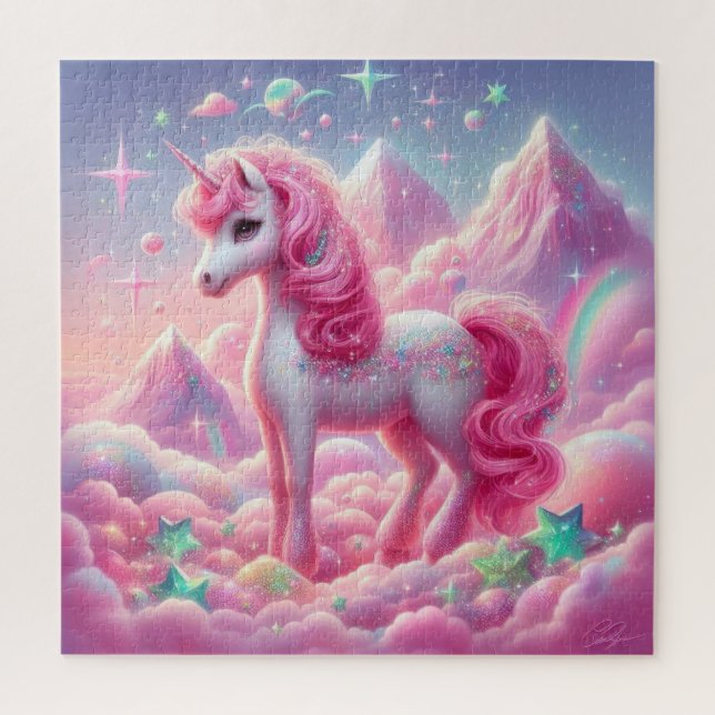 Niedlicher, rosa und blauer Einhorn Glitzer hell Puzzle (Vertikal)