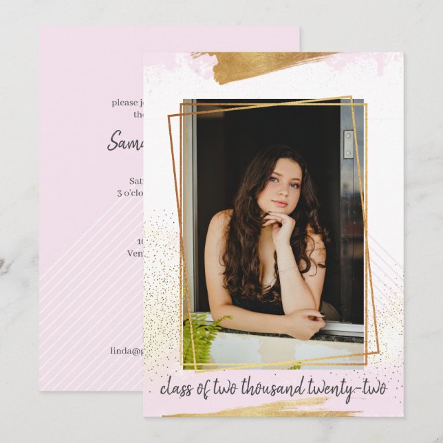 Niedlicher Rosa und Gold Gerahmter Abschluss Einla Einladung (Vorne/Hinten)