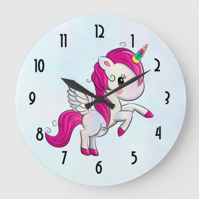 Niedlicher rosa Unicorn mit Flügeln Große Wanduhr (Vorderseite)