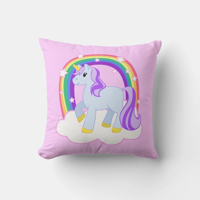 Niedlicher rosa Unicorn mit funkelnd Regenbogen Kissen (Vorderseite)