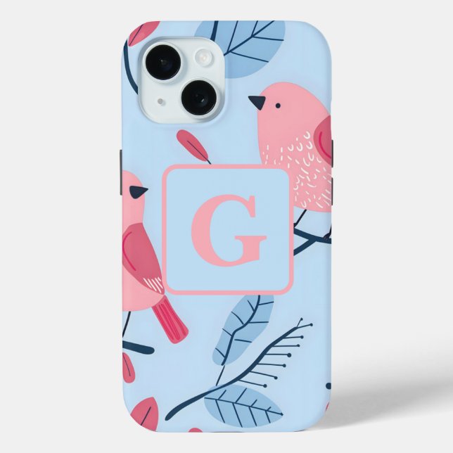 Niedlicher rosa Vogel auf hellblauer personalisier Case-Mate iPhone Hülle (Rückseite)