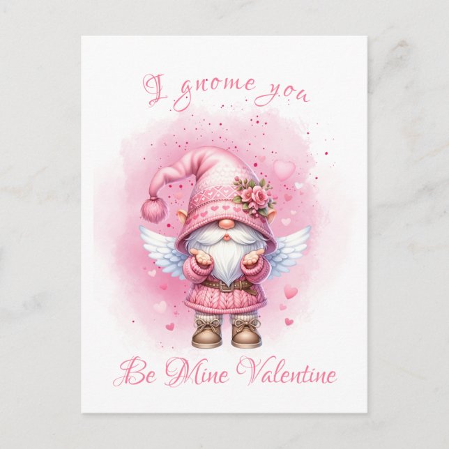 Niedlicher rosa Wasserfarben Gnome Valentinstag Postkarte (Vorderseite)