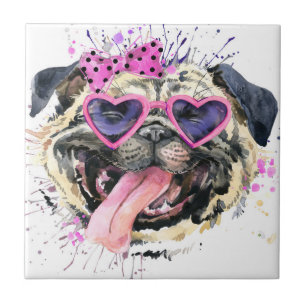 Niedlicher rosa Watercolor-Mops Fliese