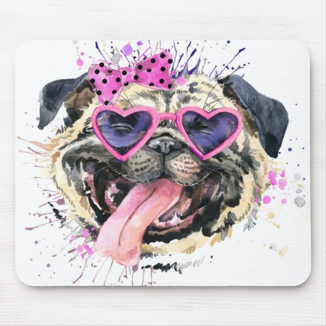 Niedlicher rosa Watercolor-Mops Mousepad (Vorne)