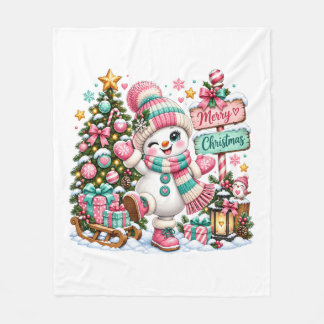Niedlicher rosa Weihnachts-Schneemann Fleecedecke