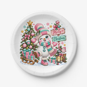 Niedlicher rosa Weihnachts-Schneemann Pappteller